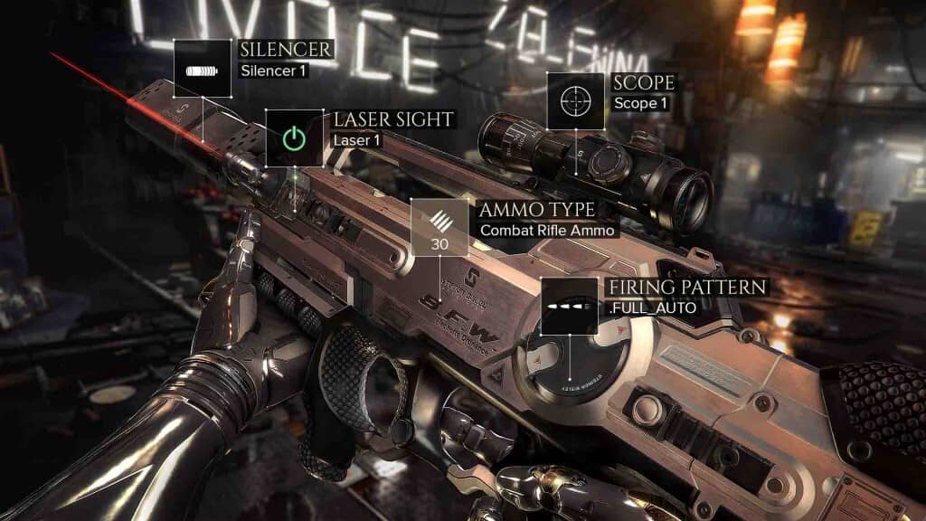 Deus Ex Mankind Divided Combat Rifle mod silencer laser sight, full auto, giao diện nâng cấp vũ khí 