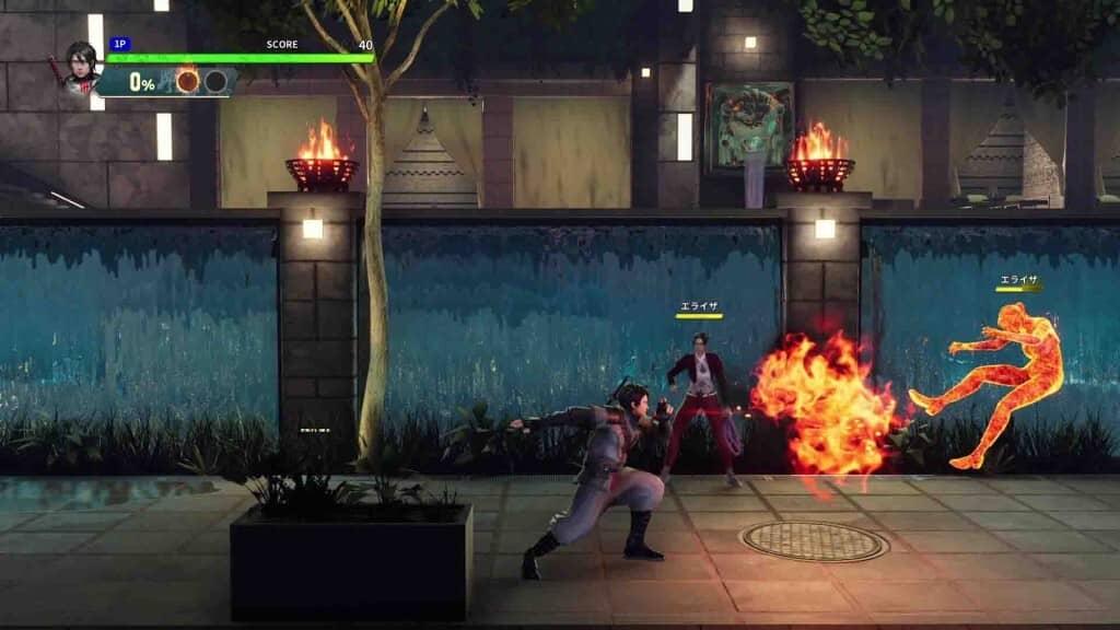 Nữ chiến binh của Double Dragon Revive phô diễn kỹ năng Double Dragon Revive nhân vật nữ áo xám tung đòn đá vào đối thủ bốc cháy tại bối cảnh thác nước
