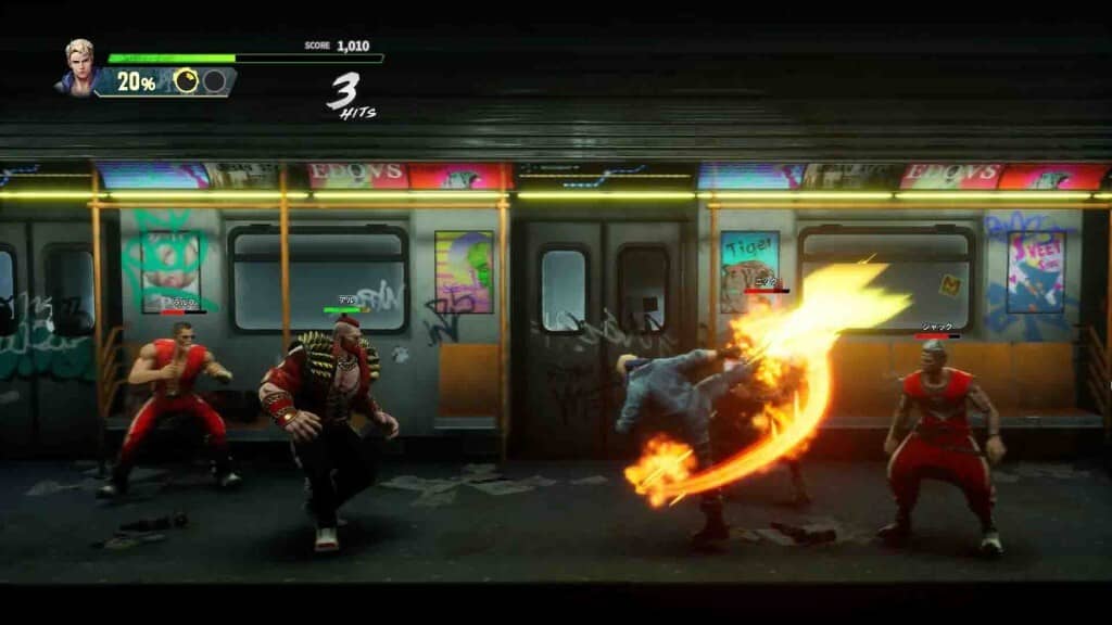 Double Dragon Revive: Cảnh chiến đấu mãnh liệt trong toa tàu Gameplay Double Dragon Revive nhân vật tóc vàng tung đòn lửa vào kẻ địch trong tàu điện ngầm