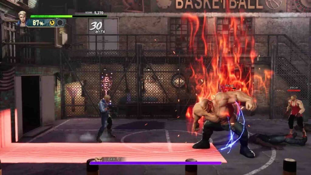 Sức mạnh bùng nổ của nhân vật chính Double Dragon Revive Double Dragon Revive đòn đánh đặc biệt cháy rực kẻ địch to lớn trong sân bóng rổ