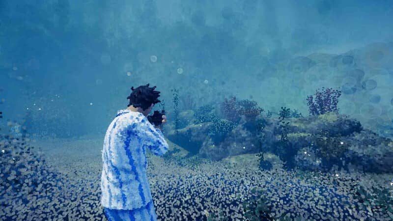 Nhân vật mặc đồ sọc dưới nước, xung quanh là san hô và hiệu ứng bong bóng trong Dreams of Another