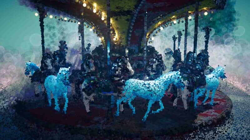 Cận cảnh đu quay ngựa gỗ (carousel) với ngựa màu xanh pixelated trong game Dreams of Another