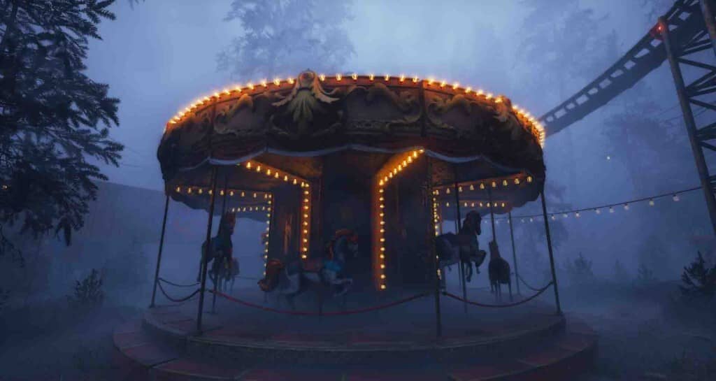 Ảnh chụp đu quay ngựa gỗ rực sáng trong công viên sương mù của EMOTIONLESS The Last Ticket