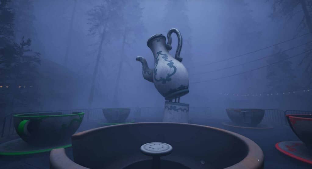 Cảnh khu trò chơi cốc xoay cũ kỹ với ấm trà khổng lồ trong game kinh dị EMOTIONLESS The Last Ticket