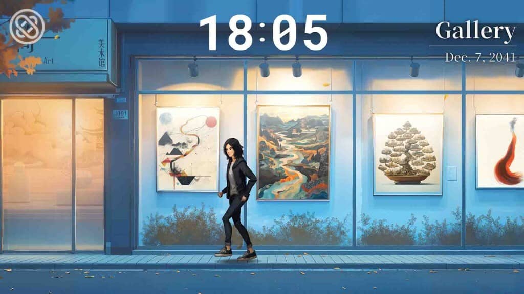 Trải nghiệm không khí đô thị tương lai trong Escape Everlit - Đến Gallery lúc 18:05. Escape Everlit cảnh bên ngoài Gallery, nhân vật đi bộ, đồ họa hiện đại.