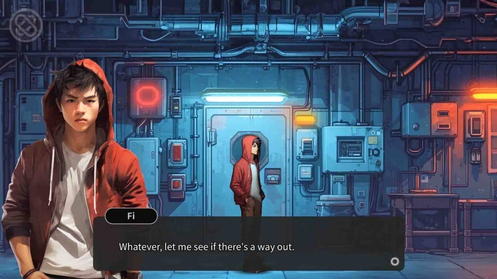 Fi phải làm gì để trốn thoát? Cảnh gameplay căng thẳng trong Escape Everlit. Escape Everlit cảnh hầm tối, nhân vật Fi đang tìm cách thoát, hộp thoại.