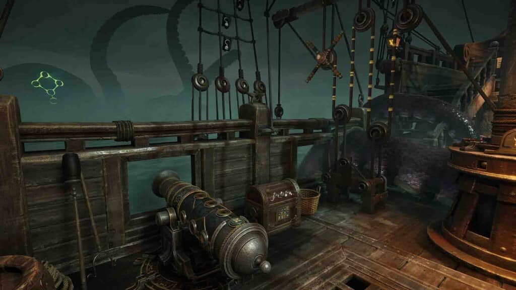 Boong tàu Escape Simulator 2 The Pirate Den và xúc tu quái vật Kraken Khẩu pháo và xúc tu quái vật biển khổng lồ trên boong tàu Escape Simulator 2