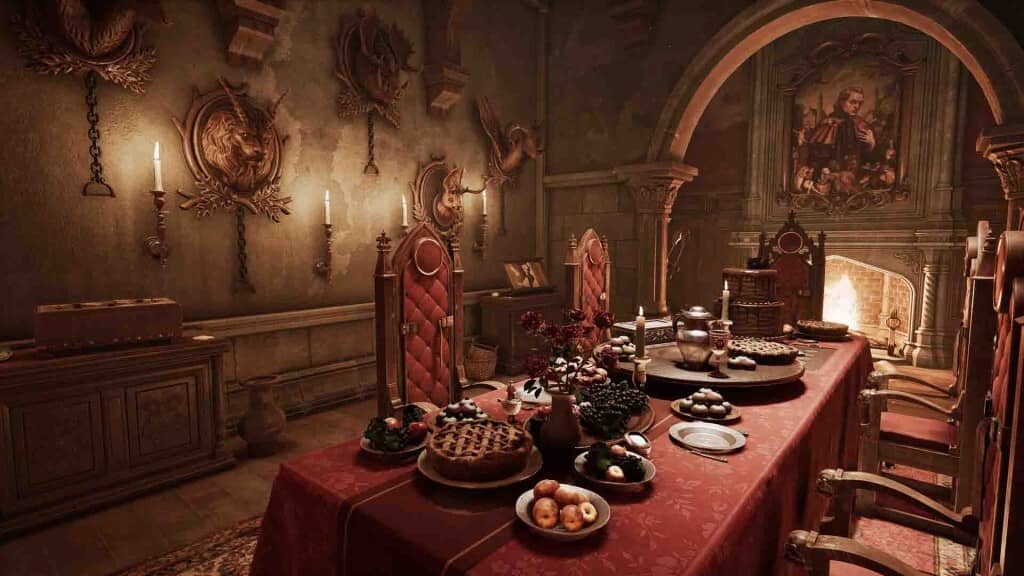 Phòng ăn sang trọng và bàn tiệc thịnh soạn trong Escape Simulator 2 Căn phòng ăn cổ điển với bàn tiệc và lò sưởi trong Escape Simulator 2
