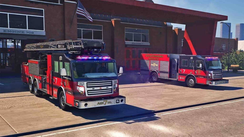 Hai xe cứu hỏa Firefighting Simulator đỗ trước trạm Engine 702