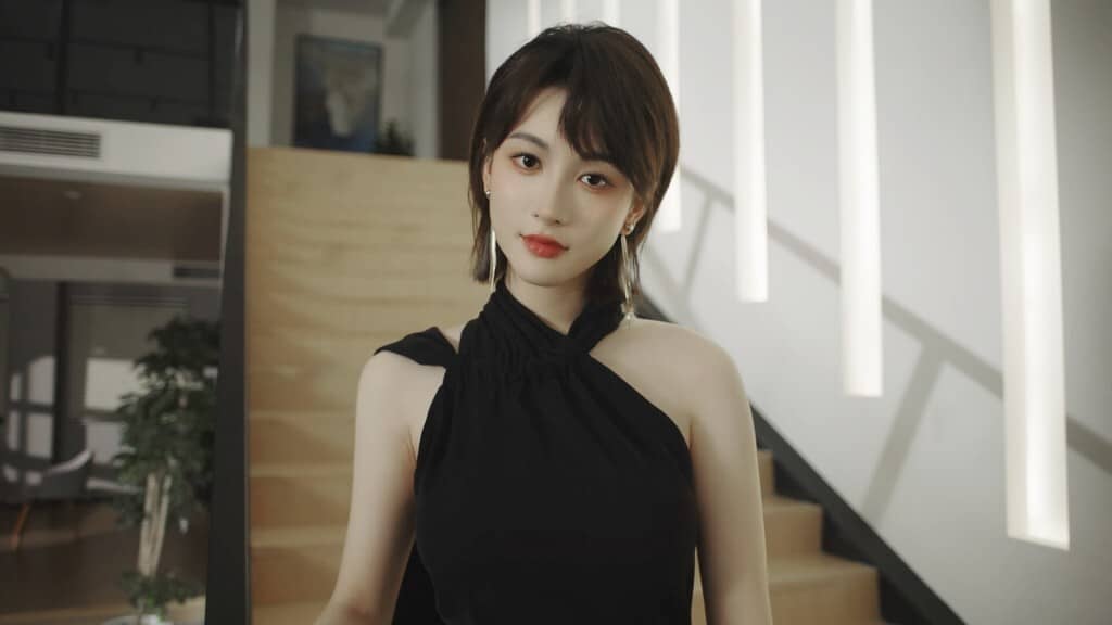  Half Billion Love Choice: Nữ diễn viên mặc váy đen quấn cổ, đứng trước cầu thang hiện đại, ánh mắt quyến rũ.