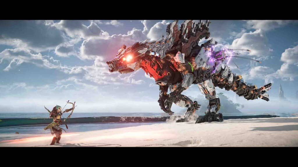 Horizon Forbidden West Aloy chiến đấu với robot máy Slaughterspine màu đỏ trên bãi biển