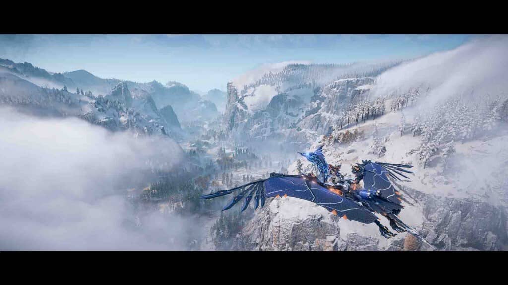 Horizon Forbidden West Aloy cưỡi Sunwing bay qua khung cảnh núi tuyết trắng mờ ảo