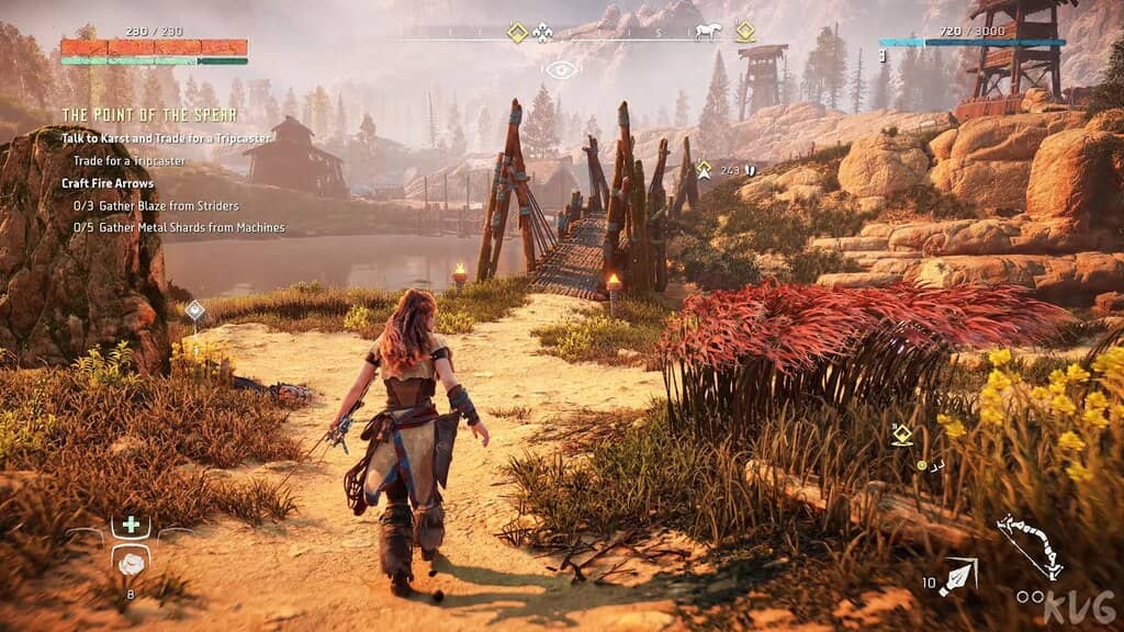 Horizon Zero Dawn Aloy hoàn thành nhiệm vụ tại The Point of the Spear, chuẩn bị chế tạo cung lửa, thu thập Metal Shards.