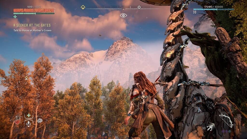 Horizon Zero Dawn Aloy đối diện đỉnh núi tuyết, tìm kiếm Marea, nhiệm vụ A Seeker at the Gates. 