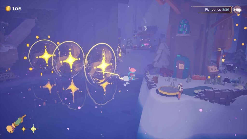 ILA A Frosty Glide - Thu thập Fishbones và tiền vàng Cảnh gameplay ILA A Frosty Glide, nhân vật thu thập Fishbones và các ngôi sao vàng lấp lánh trong khu vực băng tuyết