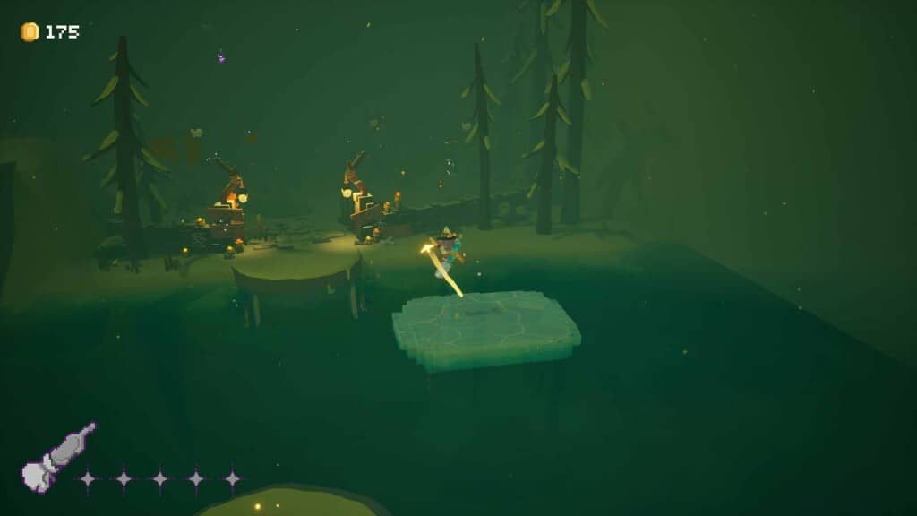 ILA A Frosty Glide - Khám phá môi trường đầm lầy u ám Cảnh gameplay ILA A Frosty Glide, nhân vật đứng trên tảng băng nhỏ trong môi trường đầm lầy/rừng