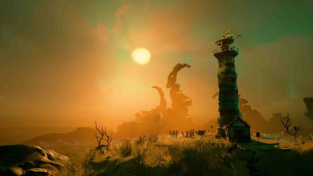 Cảnh hoàng hôn rực rỡ bên ngọn hải đăng cũ kỹ trên bờ biển trong game Keeper