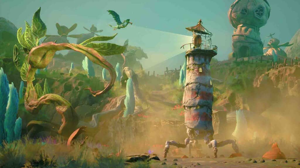 Ngọn hải đăng có chân giống nhện ở trung tâm bối cảnh siêu thực, có chim bay trong game Keeper