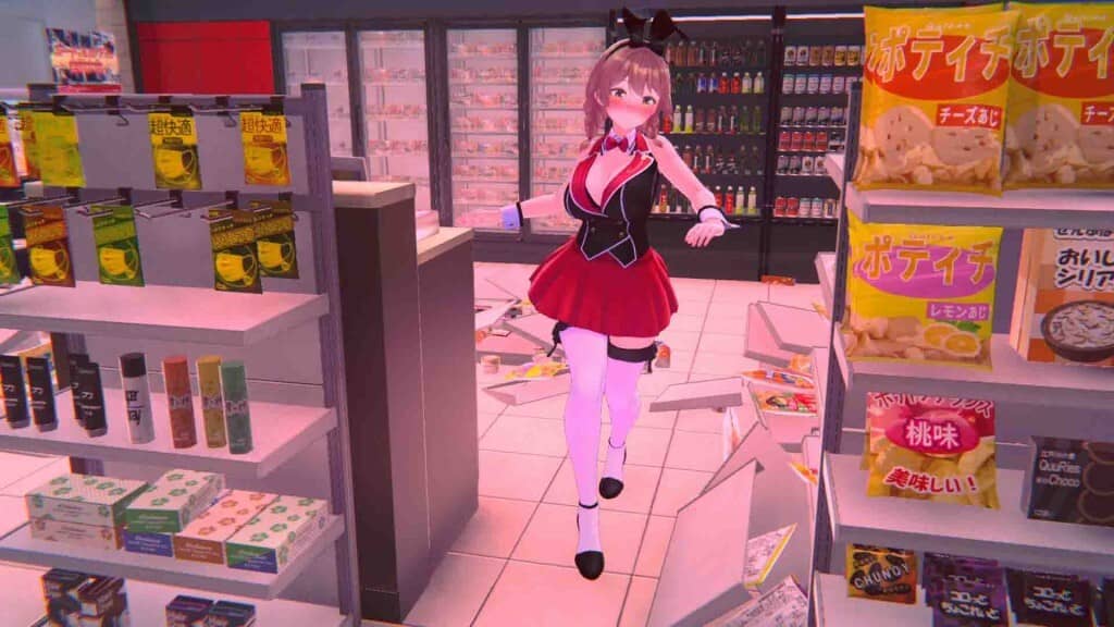 Gameplay MERRY BUNNY GARDEN trong cửa hàng tiện lợi Nhân vật nữ trang phục thỏ đỏ đứng trong siêu thị tiện lợi MERRY BUNNY GARDEN