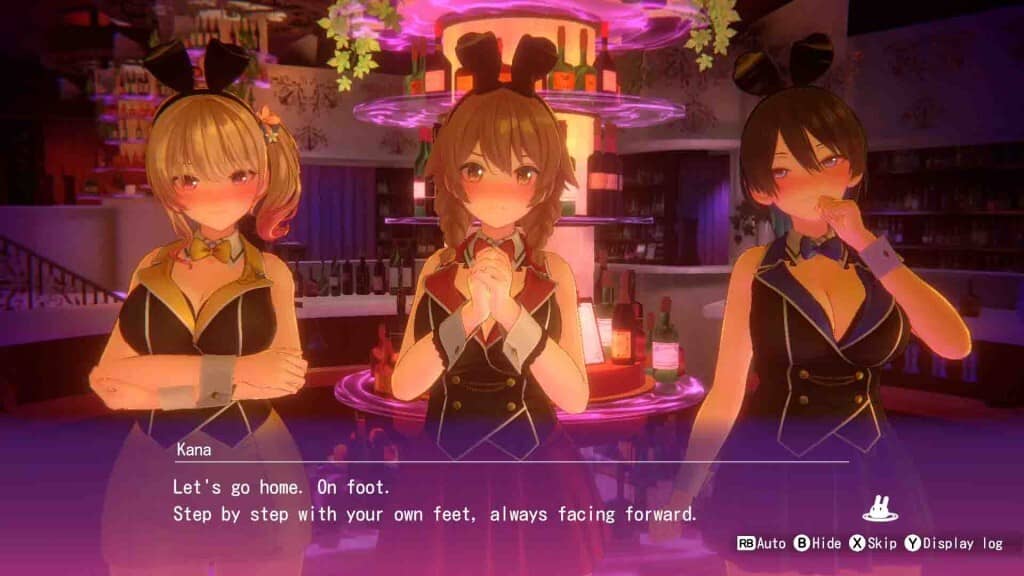 Cảnh cutscene ba nhân vật MERRY BUNNY GARDEN tại quán bar Ba cô gái mặc trang phục thỏ tại quầy bar đêm MERRY BUNNY GARDEN với hội thoại