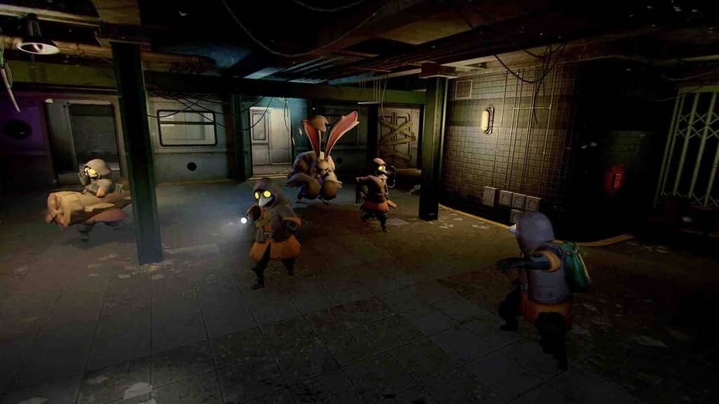 MIMESIS: Sống sót trong góc nhìn thứ nhất Góc nhìn thứ nhất (FPS) gameplay MIMESIS: Nhân vật mặt nạ mỏ quạ cầm súng đối diện người chơi khác