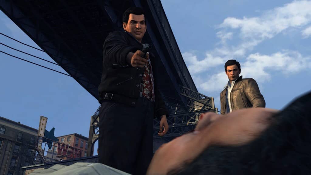 Khoảnh khắc kịch tính gameplay Mafia 2 Definitive Edition: Đe dọa dưới cầu Mafia II Definitive Edition Việt Hóa - Cảnh đe dọa bằng súng của nhân vật dưới chân cầu
