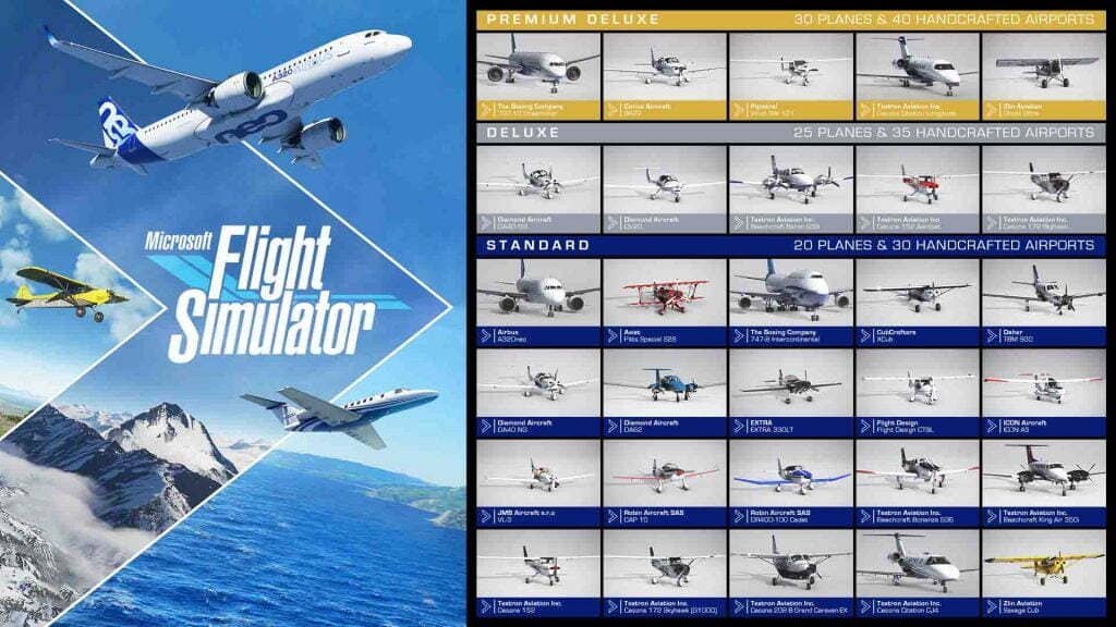 Khám phá sự đa dạng về máy bay và sân bay trong các gói Microsoft Flight Simulator Standard, Deluxe và Premium Deluxe Microsoft Flight Simulator phiên bản Deluxe Standard Premium Deluxe so sánh số lượng máy bay và sân bay thủ công