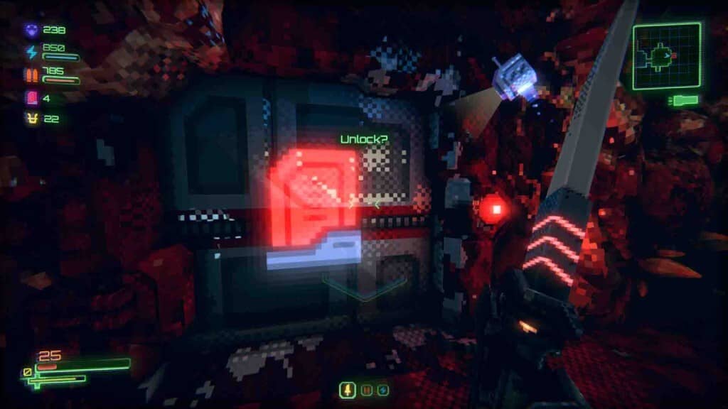 Khám phá khu vực bị phong tỏa! Gameplay ly kỳ của game FPS kinh dị này sẽ khiến bạn đứng ngồi không yên. FPS Retro Voxel: người chơi đứng trước cửa bị khóa màu đỏ trong hang động tối.