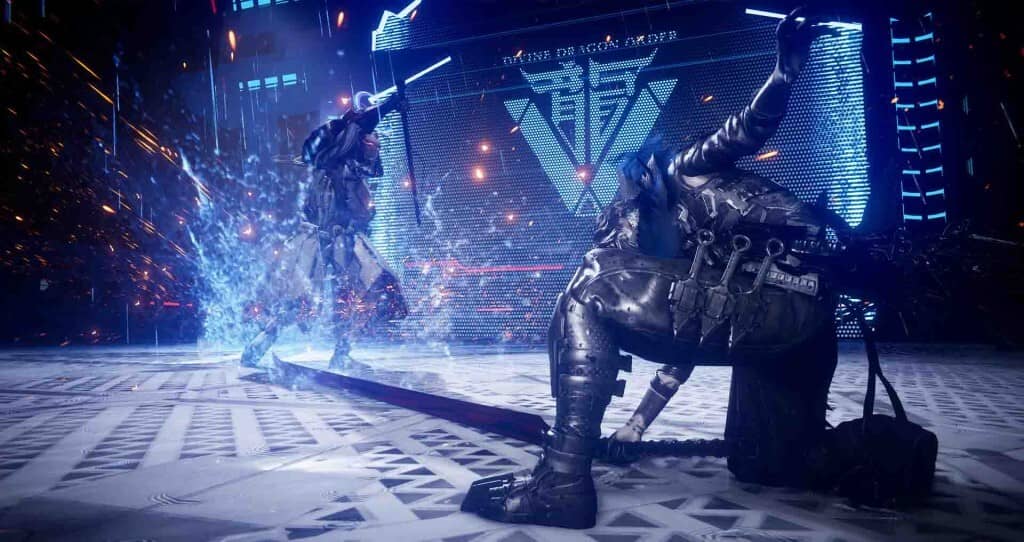 Cảnh chiến đấu tốc độ cao trong Ninja Gaiden 4 với hiệu ứng ánh sáng xanh neon