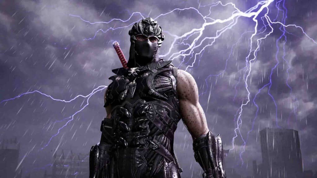 Ryu Hayabusa trong trang phục Ninja Gaiden 4 dưới cơn bão sét