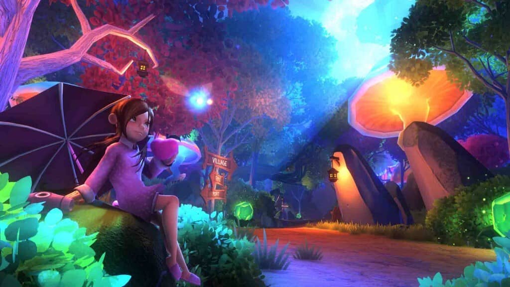 Onirism: Cô bé khám phá khu rừng thần tiên đầy màu sắc Gameplay Onirism: Cô bé với áo tím ngồi trên đá trong khu rừng rực rỡ sắc màu