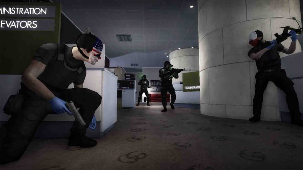Tham gia phi vụ Payday The Heist nghẹt thở: Sẵn sàng đấu súng tại khu hành chính! Payday The Heist băng cướp đeo mặt nạ Mỹ và anh em đồng đội phục kích trong sảnh văn phòng hiện đại.