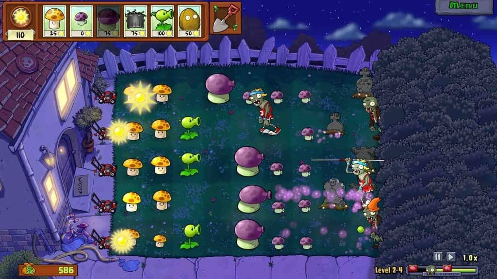 Màn chơi đêm (Night) Level 2-4 trong PvZ Replanted với các loại nấm Plants vs Zombies Replanted Night Level 2-4 gameplay - Sử dụng Puff-shroom, Fume-shroom và Gloom-shroom chống Zombie đêm