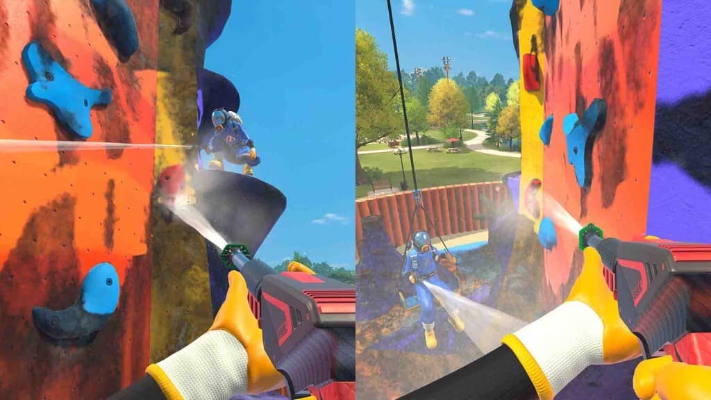 PowerWash Simulator 2: Chế độ phân chia màn hình làm sạch vách leo núi PowerWash Simulator 2 cảnh phân chia màn hình người chơi làm sạch vách leo núi nhân tạo