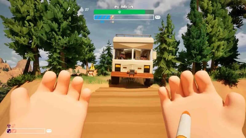Cơ chế di chuyển người chơi độc đáo trong game RV There Yet Cận cảnh đôi bàn tay khổng lồ và xe RV trong RV There Yet