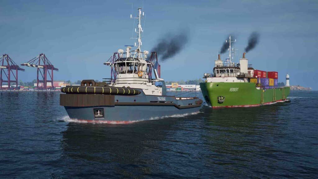 Tàu kéo và tàu hàng hoạt động tại cảng Seafarer The Ship Sim. Tàu kéo (Tugboat) và tàu hàng (Cargo ship) di chuyển trong cảng Seafarer The Ship Sim.
