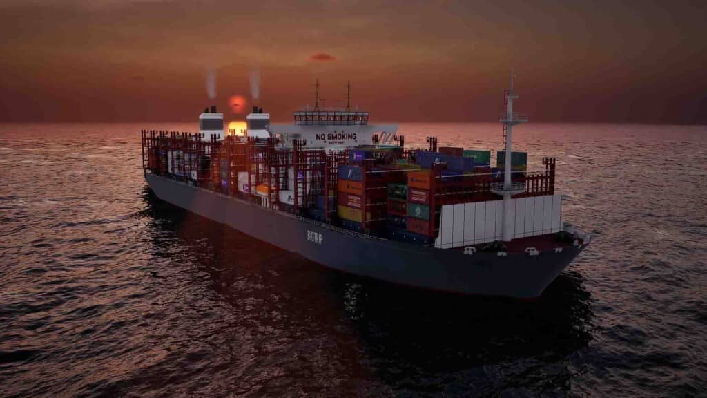 Cảnh tàu container hùng vĩ lúc mặt trời lặn Seafarer The Ship Sim. Tàu container lớn chở hàng lướt trên biển lúc hoàng hôn trong Seafarer The Ship Sim.