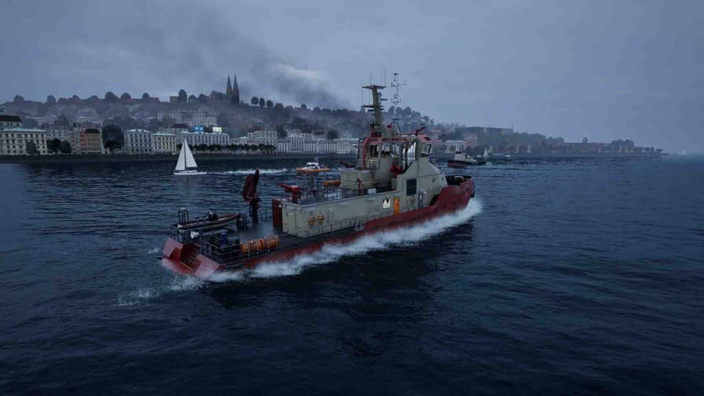 Tàu cứu hộ trên biển u ám Seafarer The Ship Sim. Tàu cứu hộ di chuyển nhanh dưới trời mưa trong game Seafarer The Ship Sim.