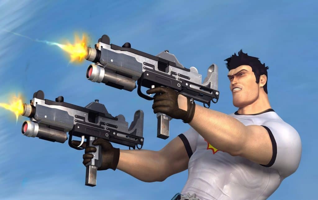 Sam "Serious" Stone với biểu cảm hài hước, cầm đôi súng tiểu liên Uzi (Dual Uzis) đang bắn trong Serious Sam 2.