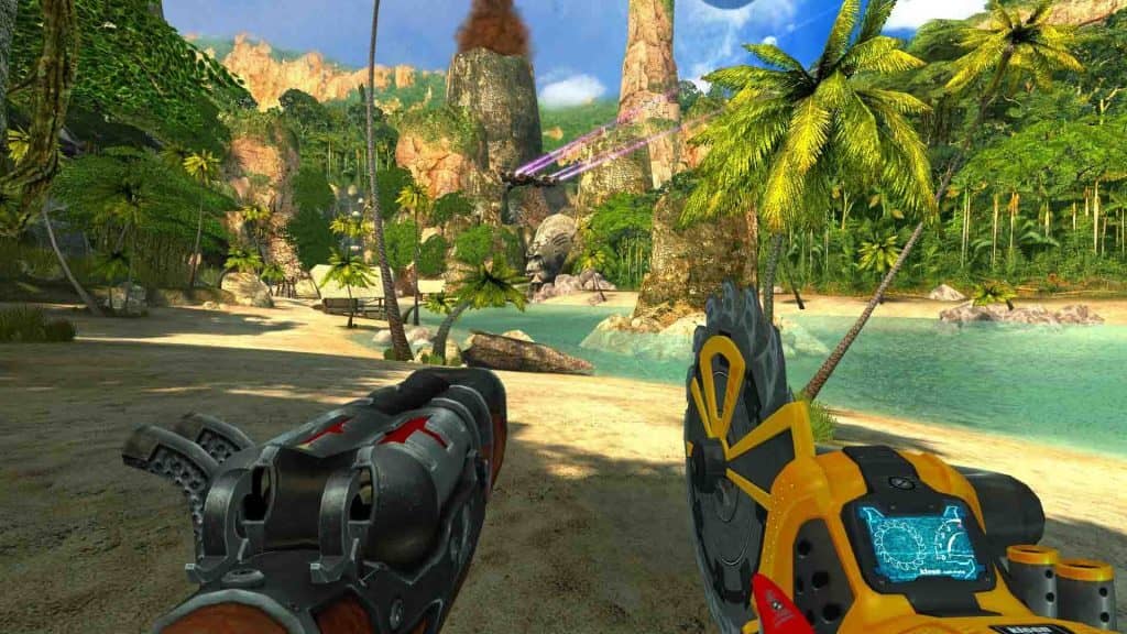 Góc nhìn thứ nhất (FPS) trên bãi biển nhiệt đới trong Serious Sam 2, vũ khí là Shotgun bên trái và súng cưa máy (Serious Sam Chainsaw) bên phải.