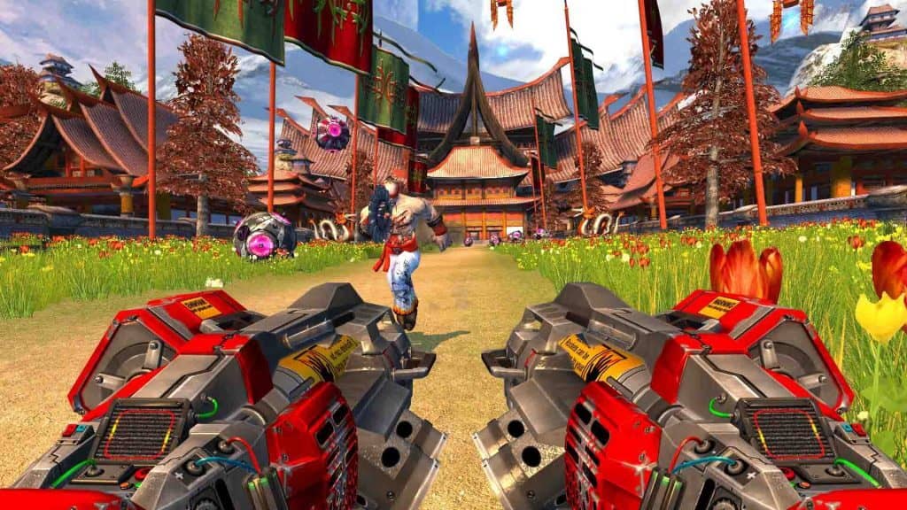 Góc nhìn thứ nhất (FPS) của người chơi trong Serious Sam 2, cầm đôi súng màu đỏ tại bản đồ Trung Hoa cổ (Chi-Fang).