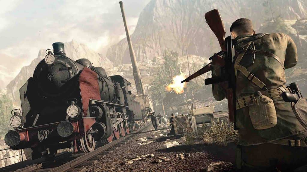 Sniper Elite 4: Karl Fairburne chiến đấu gần đầu máy xe lửa cổ, hành động bắn súng góc nhìn thứ ba, bối cảnh đồi núi.