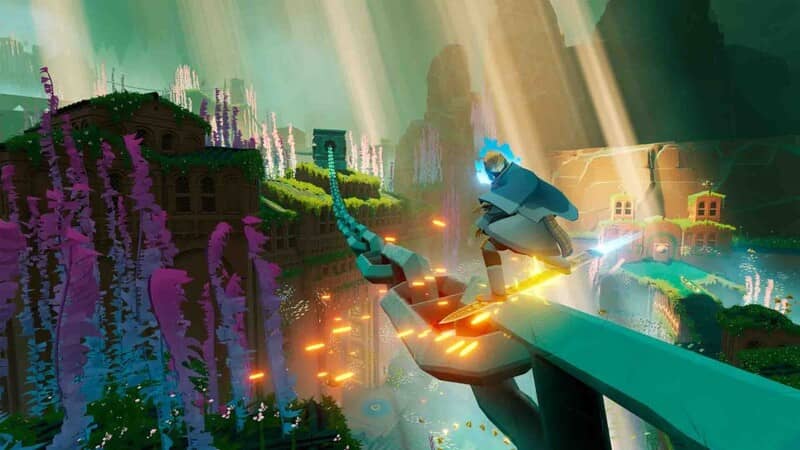 Sword of the Sea: Lướt trên chuỗi dây chuyền giữa khu vườn kỳ ảo Sword of the Sea nhân vật lướt trên chuỗi kim loại khổng lồ qua khu vườn hoa màu tím