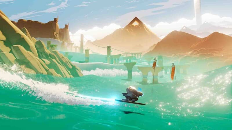 Sword of the Sea: Lướt sóng tốc độ cao qua tàn tích Sword of the Sea gameplay nhân vật lướt sóng trên biển trong cảnh quan sa mạc kim tự tháp
