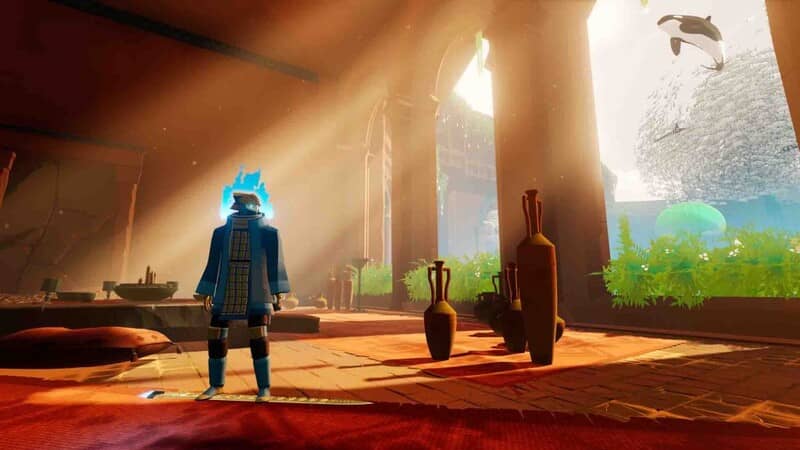 Sword of the Sea: Nhân vật khám phá di tích cổ Sword of the Sea nhân vật chính trong đền thờ ánh sáng với cá voi bay