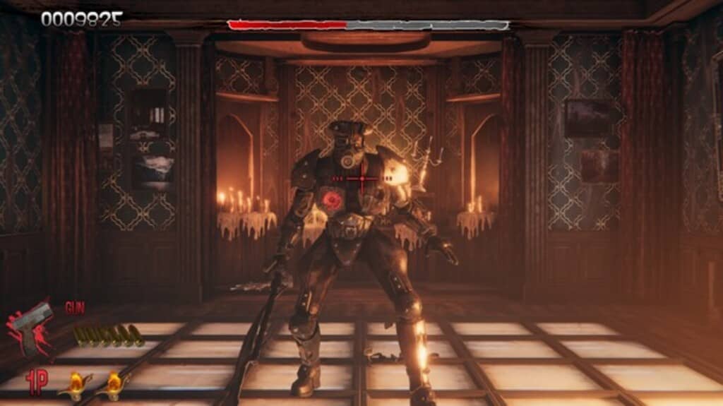 THE HOUSE OF THE DEAD Remake Boss Fight: Đối đầu với con quái vật áo giáp kim loại trong dinh thự tối tăm. THE HOUSE OF THE DEAD Remake, người chơi chiến đấu với quái vật bọc giáp cầm súng trong căn phòng sang trọng với nến.