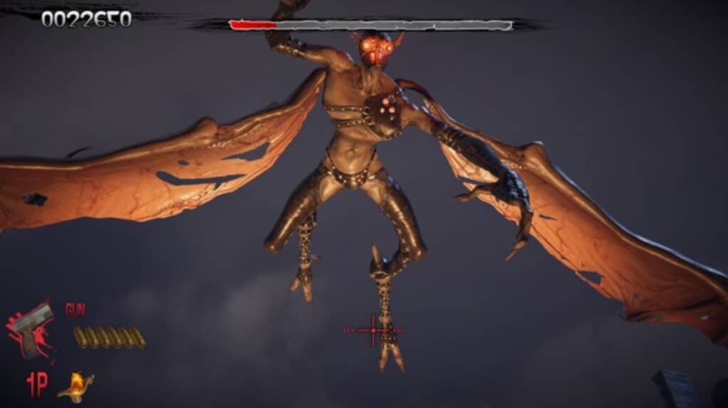 Boss THE HOUSE OF THE DEAD Remake: Đối mặt với con quái vật dơi khổng lồ trong trận chiến sinh tử. THE HOUSE OF THE DEAD Remake, người chơi nhắm bắn vào boss quái vật có cánh dơi khổng lồ trên bầu trời đen.
