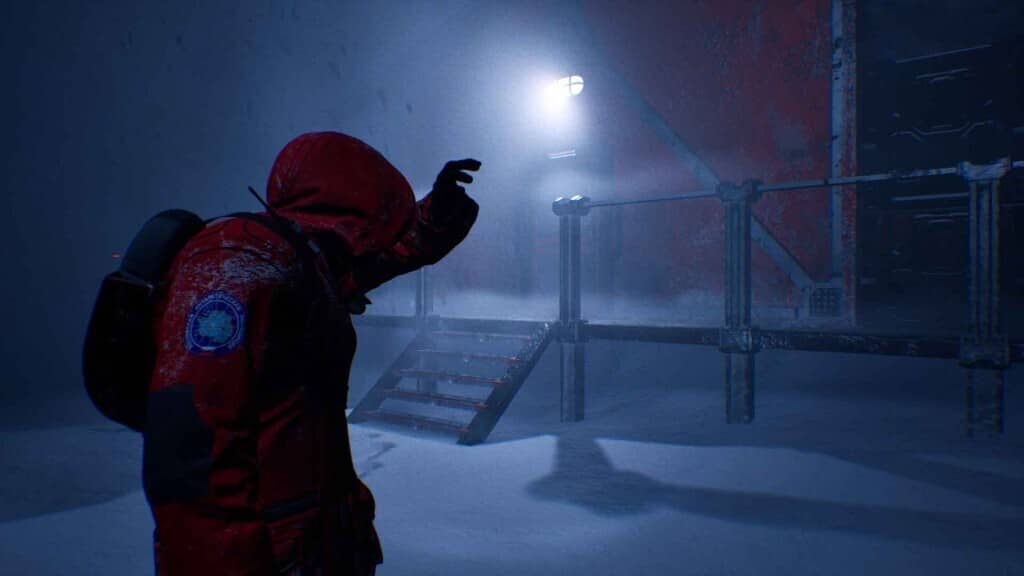 Hành trình sinh tồn lạnh lẽo trong môi trường bão tuyết The Black Ice Nhân vật áo đỏ trong bão tuyết bên ngoài trạm nghiên cứu The Black Ice