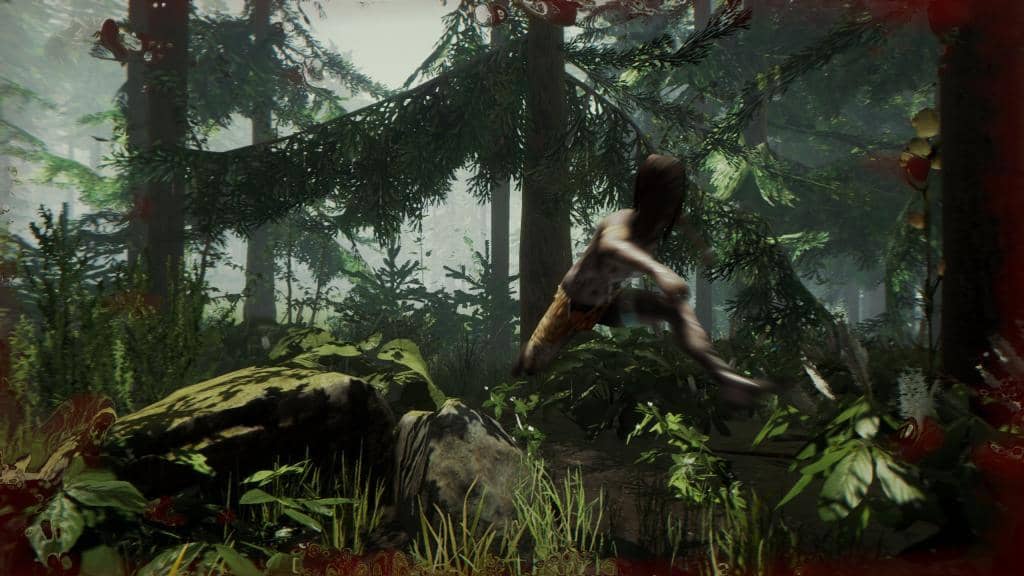 Dị nhân man rợ The Forest đang nhảy qua đá trong khu rừng