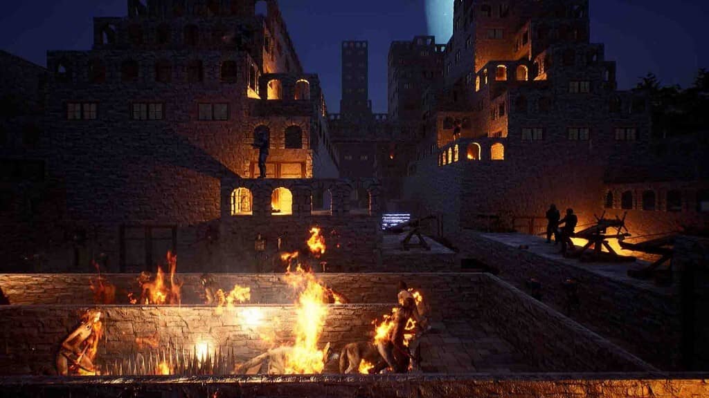  Gameplay The Front cảnh công thành ban đêm lửa cháy rực rỡ trong pháo đài thời trung cổ